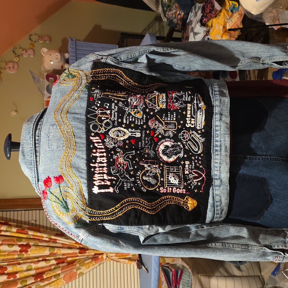 HAND CRAFTED Jacket UPCYCLED Blue Denim Embroidered Taylor Swift Tee Size M